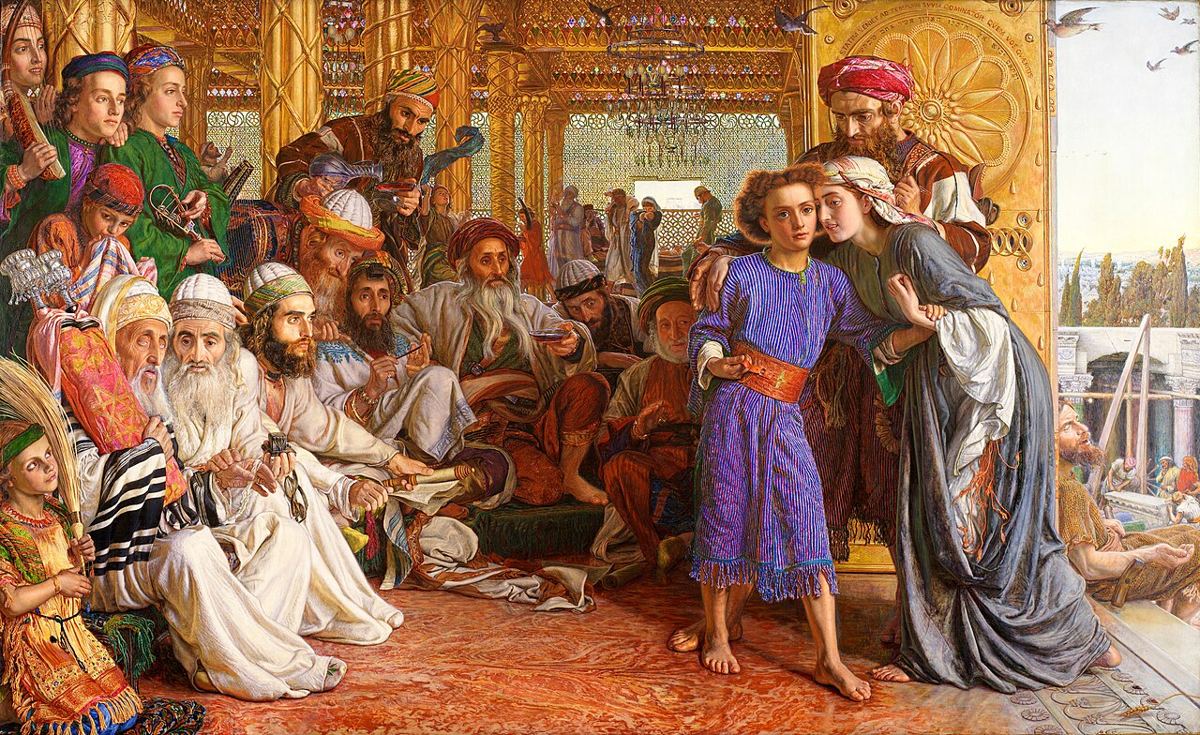 Jésus retrouvé au Temple, vision d'artiste de William Holman Hunt (1854-1860) : Jésus enfant parmi les docteurs du second Temple.