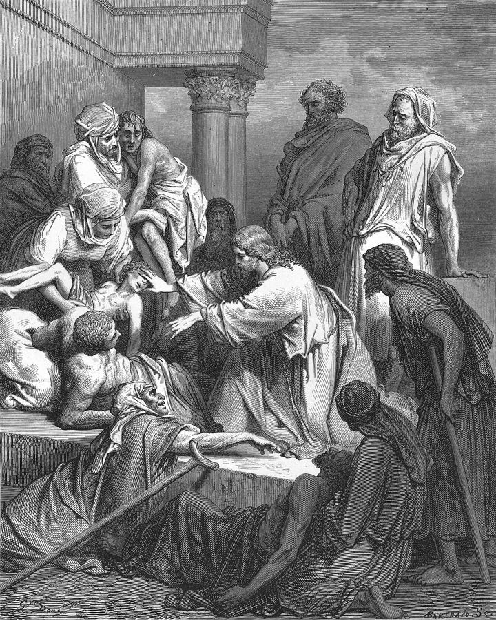 Jésus entouré de malades, d’infirmes et de boiteux venus être guéris : vision d’artiste de Gustave Doré (XIXe siècle).
