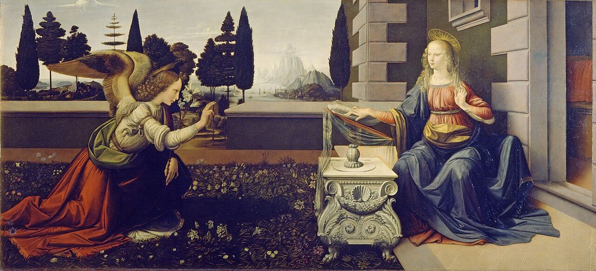 La Anunciación, visión de artista de Leonardo da Vinci (hacia 1472): la escena que Mateo relee a la luz de Is 7:14, no la señal dada a Acaz.