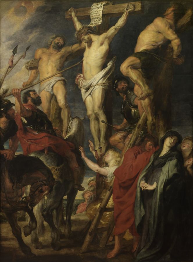 Le Coup de lance (vers 1620, KMSKA, Anvers), vision d'artiste de l'atelier de Rubens : le soldat perce le côté de Jésus (Jn 19:34), que Jean relie à Za 12:10.