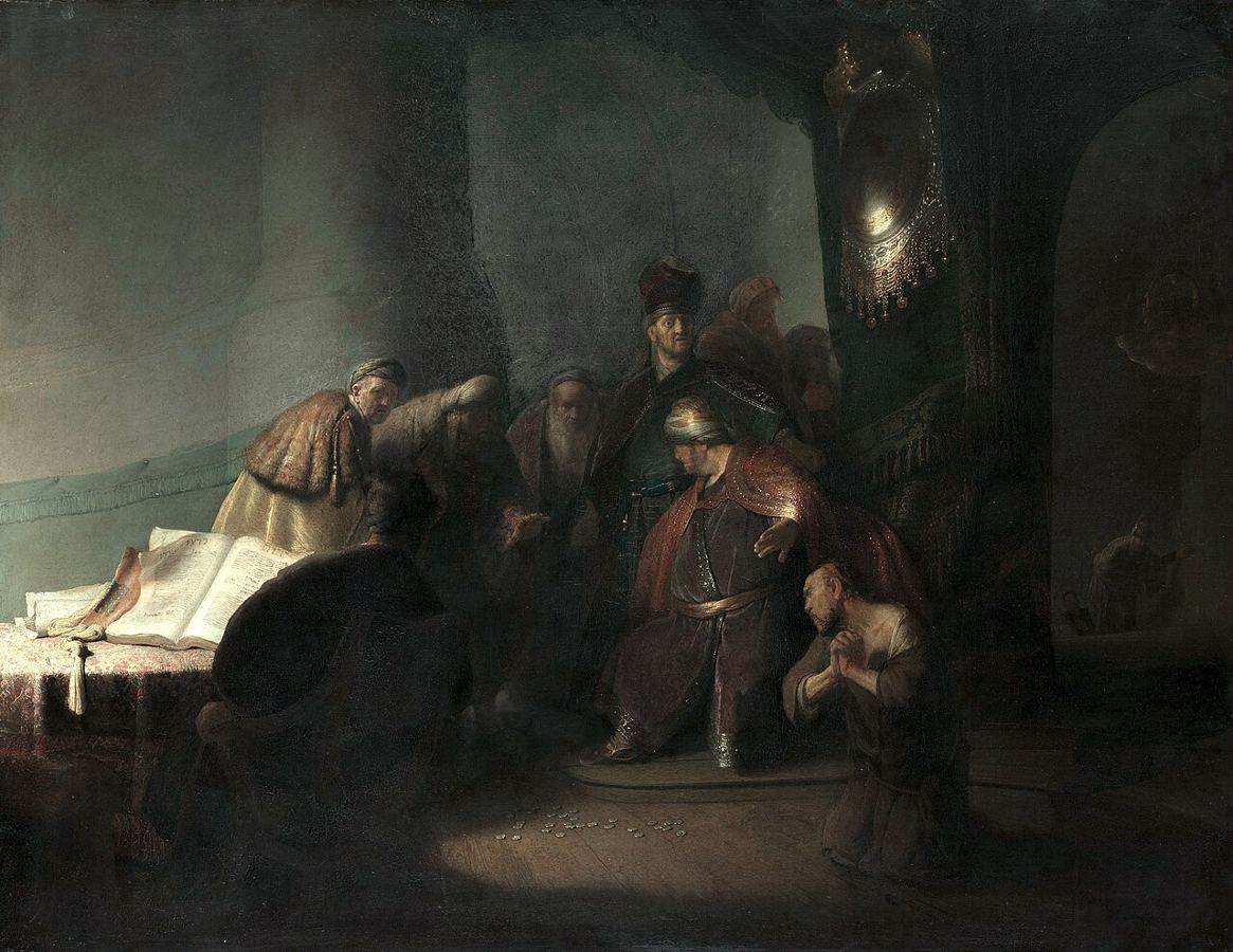 Judas Returning the Thirty Pieces of Silver, artist’s impression by Rembrandt (1629).
