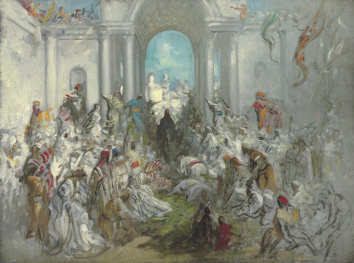 Jésus entre à Jérusalem monté sur un ânon, accueilli par la foule : vision d’artiste de Gustave Doré (XIXe siècle).
