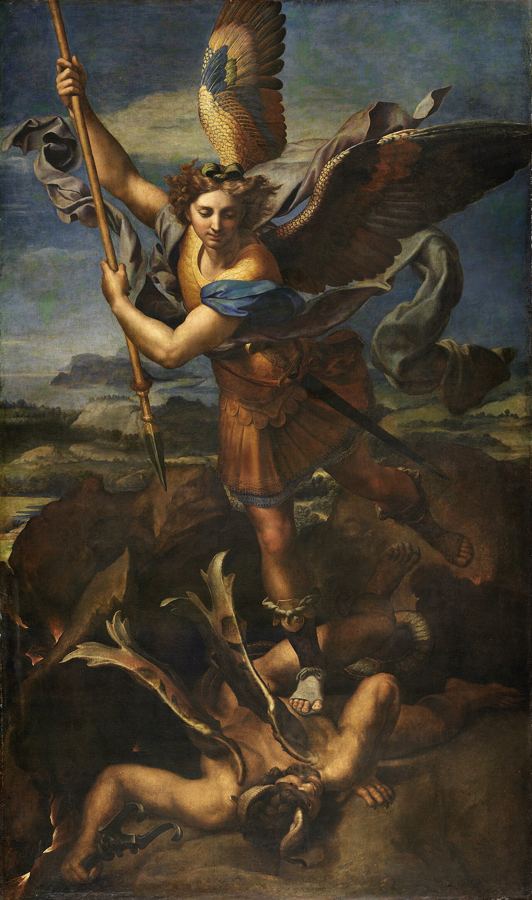 Saint Michael Vanquishing Satan, artist’s impression by Raphael (1518). Dan 12:1 announces that Michael “will stand up”: a scene to come, not one that has happened.
