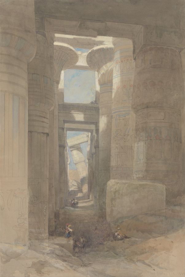 La salle hypostyle du temple d’Amon à Karnak (Thèbes) en ruine : vision d’artiste de David Roberts, 1838.