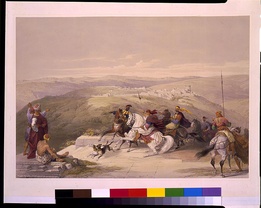 Sébaste, l'ancienne Samarie, en 1839 : ruines et cultures sur la colline. Lithographie de Louis Haghe d'après David Roberts (1842), vue d'artiste du site.