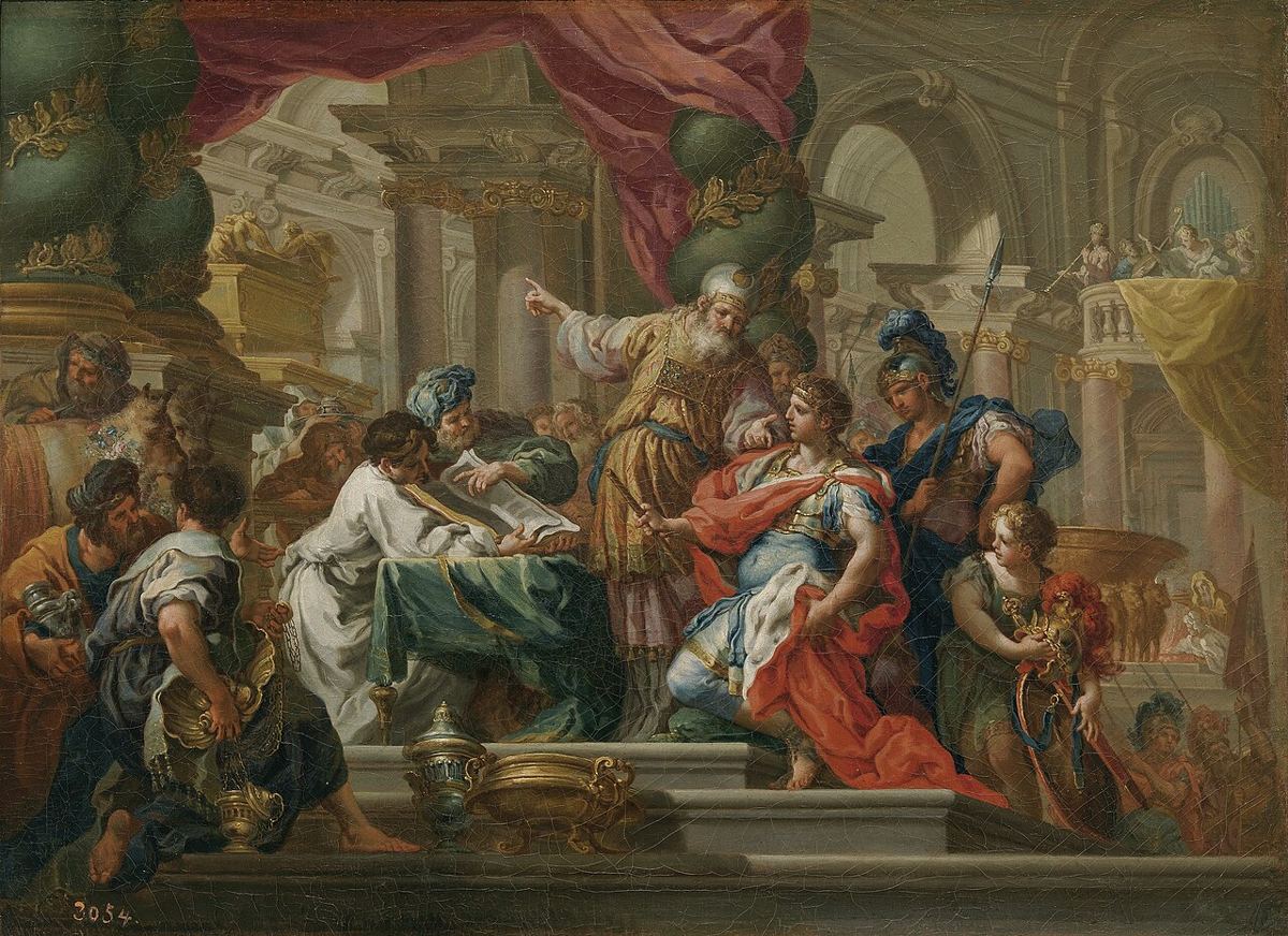 Alejandro en el Templo de Jerusalén, según un relato de Josefo cuya historicidad se discute: visión de artista de Sebastiano Conca, hacia 1736.