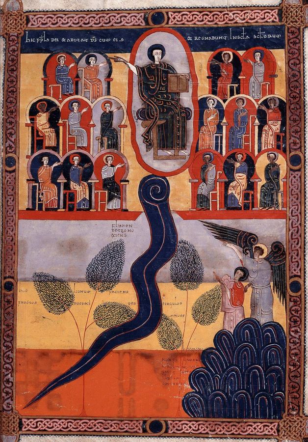 La nueva Jerusalén, sus doce puertas, el río de agua de vida y el árbol de la vida (Ap 21:9–22:5), visión de artista del Beato de Facundo (1047). Escena anunciada, no ocurrida.