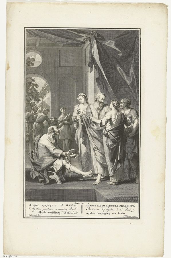 El profeta Agabo anunciando a Pablo su arresto (Hch 21:10-11), grabado de Jacob Folkema (siglo XVIII). Visión de artista de Agabo, no de la hambruna.