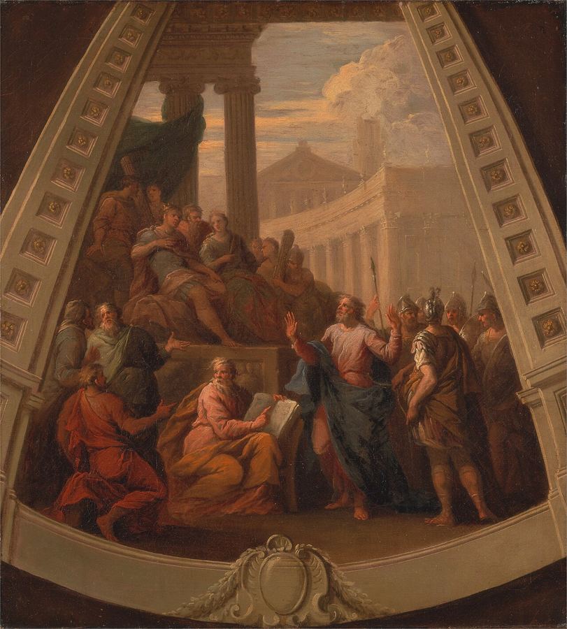 Paul plaidant devant le roi Agrippa II et le gouverneur Festus (Ac 26), vision d'artiste de James Thornhill (vers 1710).