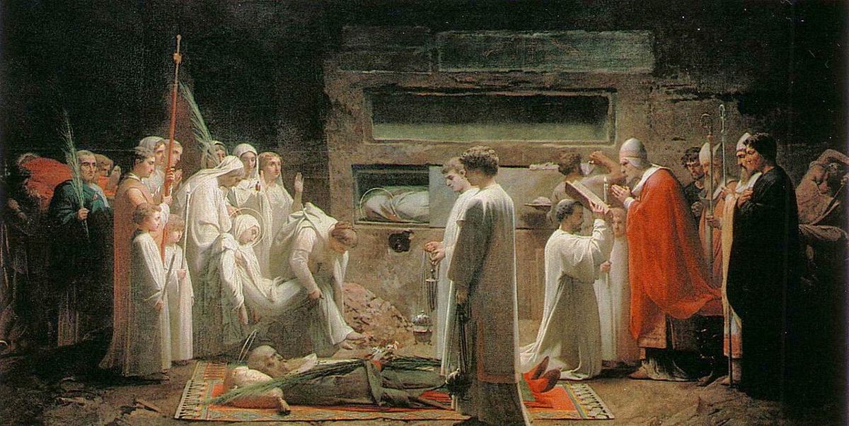 Chrétiens de Rome veillant leurs martyrs dans les catacombes : vision d’artiste de Jules-Eugène Lenepveu, 1855.