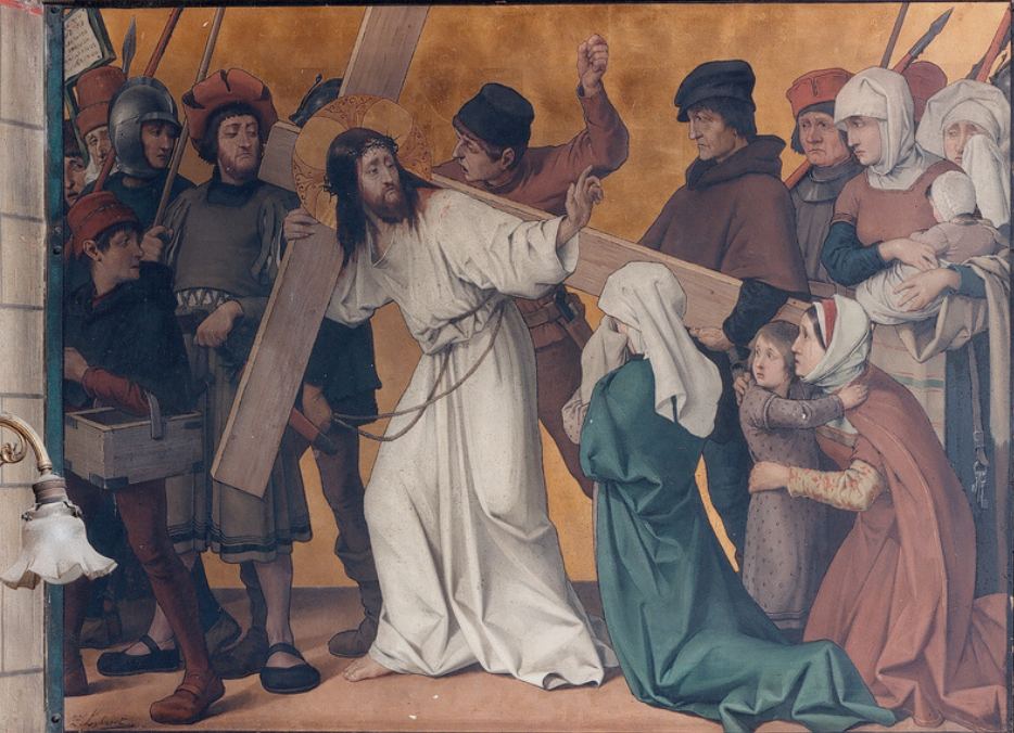 Jésus portant sa croix s'adresse aux femmes de Jérusalem qui pleurent (Lc 23:27-28) : vision d'artiste de Théophile Lybaert (1886-1887).