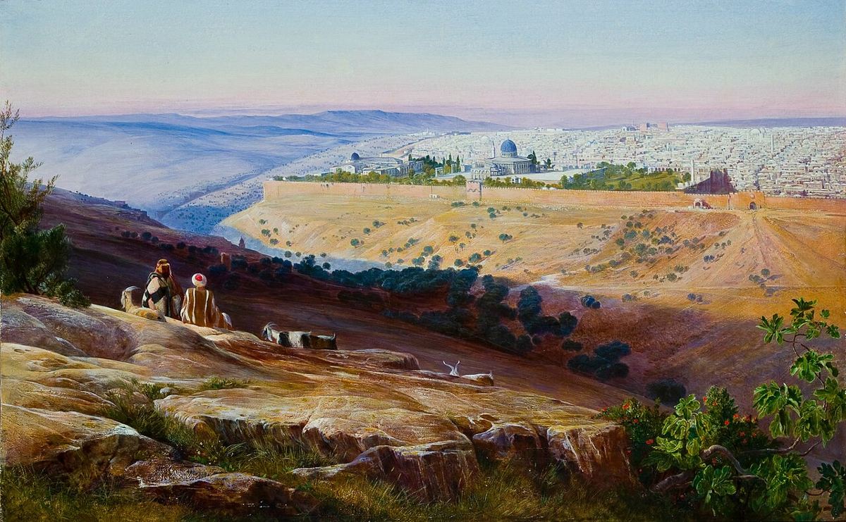 Jérusalem vue du mont des Oliviers, par Edward Lear (1858-1859) : le lieu du discours de Mt 24 et, selon Josèphe, du rassemblement de « l'Égyptien ».
