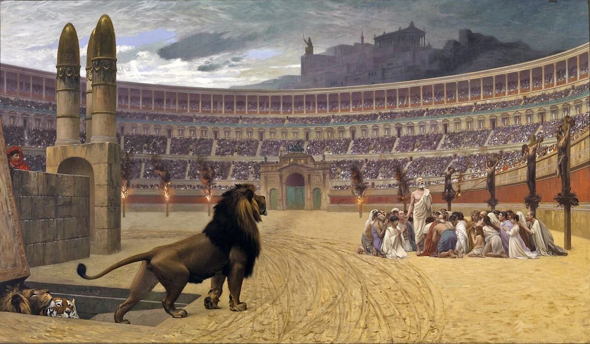 La Dernière Prière des martyrs chrétiens, vision d'artiste de Jean-Léon Gérôme (1863-1883) : des chrétiens condamnés à Rome, sujet de la persécution de Néron.