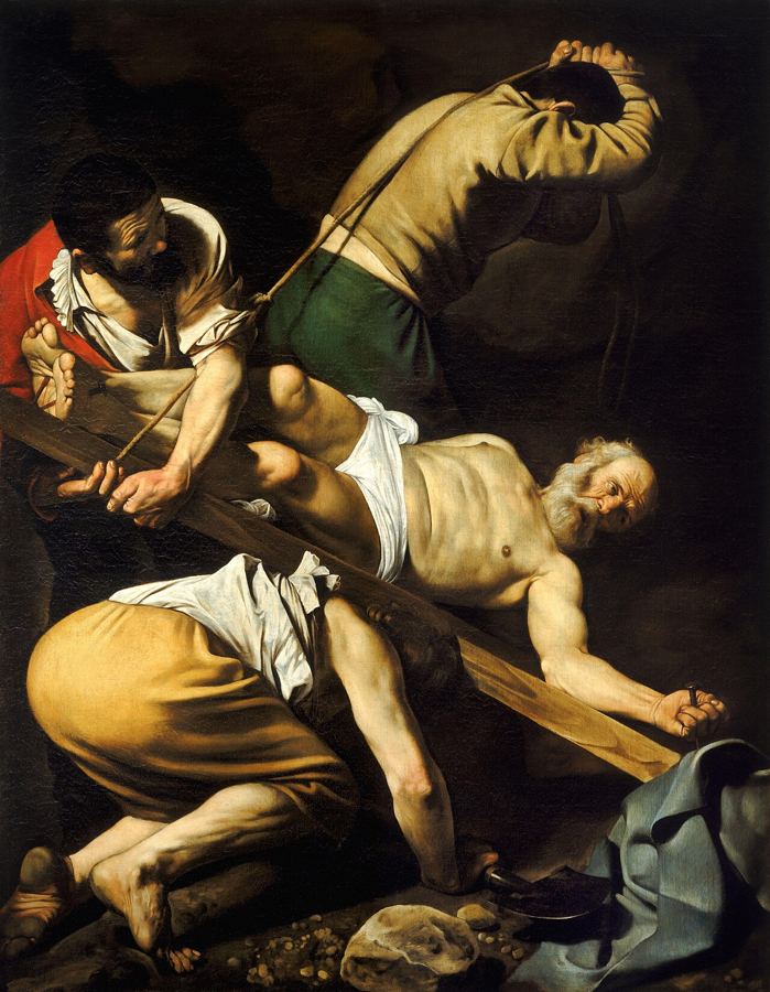 Le martyre de Pierre, crucifié tête en bas selon une tradition tardive : vision d’artiste du Caravage, 1600-1601. Lieu et mode non attestés au Ier siècle.