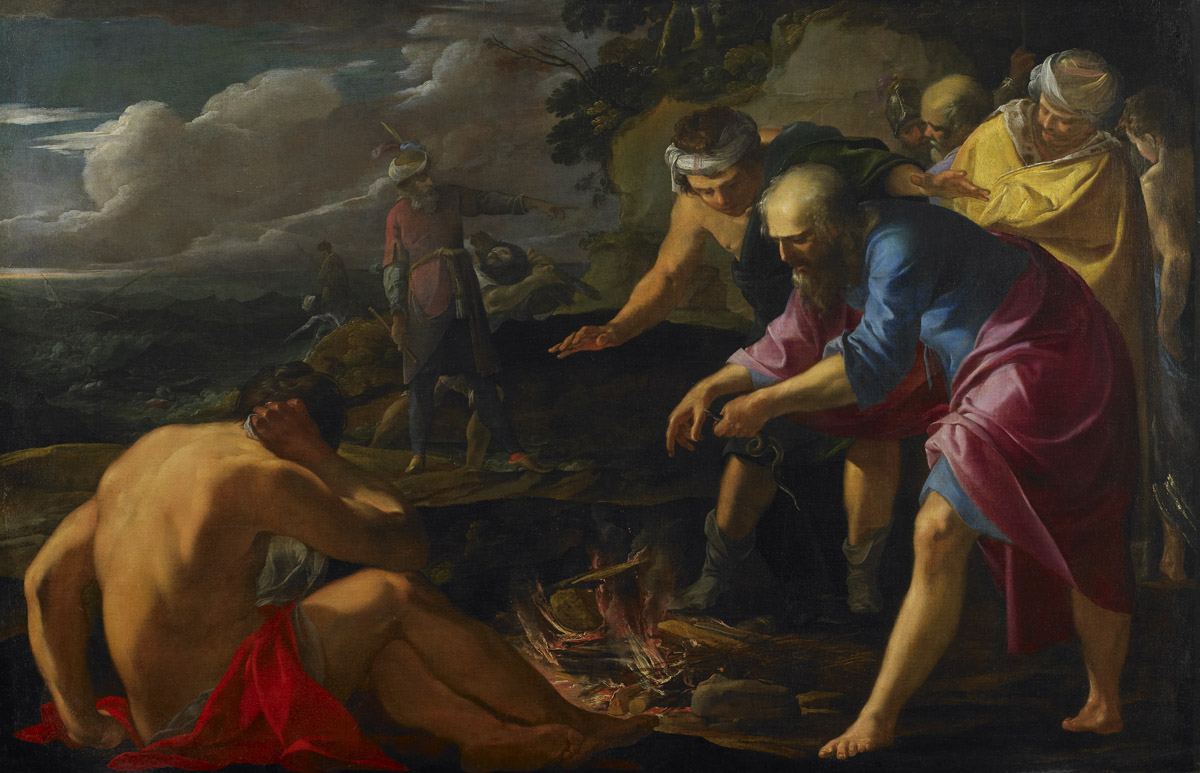 Paul à Malte après le naufrage, vision d'artiste de Laurent de La Hyre (vers 1630), d'après Ac 28:1-6 : les naufragés ont tous gagné la terre.