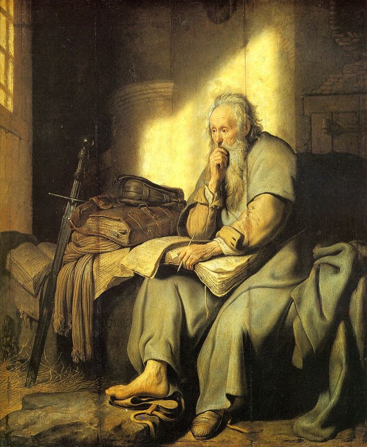 Saint Paul en prison, vision d'artiste de Rembrandt (1627, Staatsgalerie Stuttgart). Le tableau ne précise pas le lieu ; Actes 28 finit sur Paul captif à Rome.
