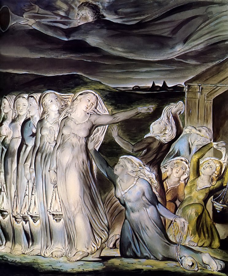 «La parábola de las vírgenes prudentes y las vírgenes fatuas» (Mt 25:1-13), acuarela según William Blake, hacia 1826 (¿?) (Tate, Londres). Acercamiento: esta parábola de la vigilancia ante un regreso repentino, de noche, ilumina el tema de 1 Ts 5:1-6 sin ser su ilustración; visión de artista.