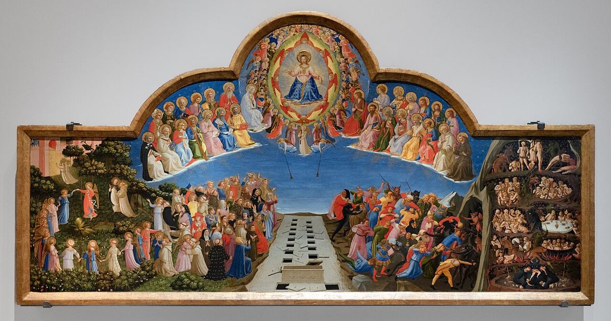 Les tombeaux s'ouvrent et les élus sont rassemblés par les anges autour du Christ, vision d'artiste de Fra Angelico (v. 1431). Scène annoncée par le texte, pas arrivée.