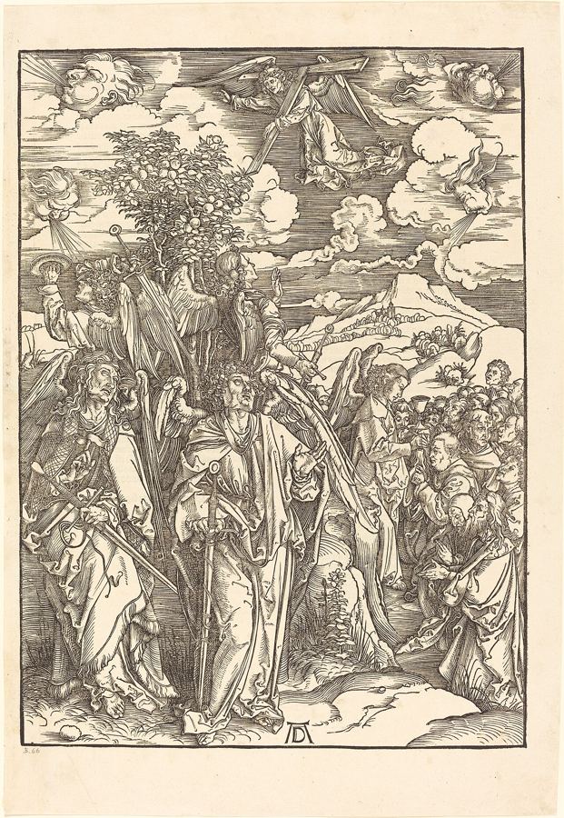 Quatre anges retiennent les vents pendant qu'un ange marque les serviteurs au front (Ap 7:1-3). Gravure d'Albrecht Dürer (1498), vision d'artiste d'une scène à venir.