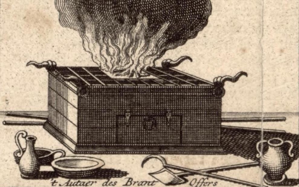 L'autel des holocaustes du temple de Jérusalem, tel qu'imaginé par Jan van Jagen (années 1770). Un culte rétabli avant sa suppression reste une inférence, pas une annonce.