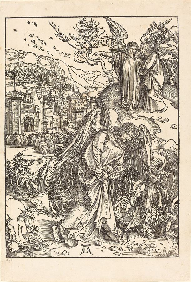 Un ángel encadena al dragón y lo arroja al abismo, que cierra con la llave (Ap 20:1-3), visión de artista de Alberto Durero (1498). Escena anunciada, no ocurrida.
