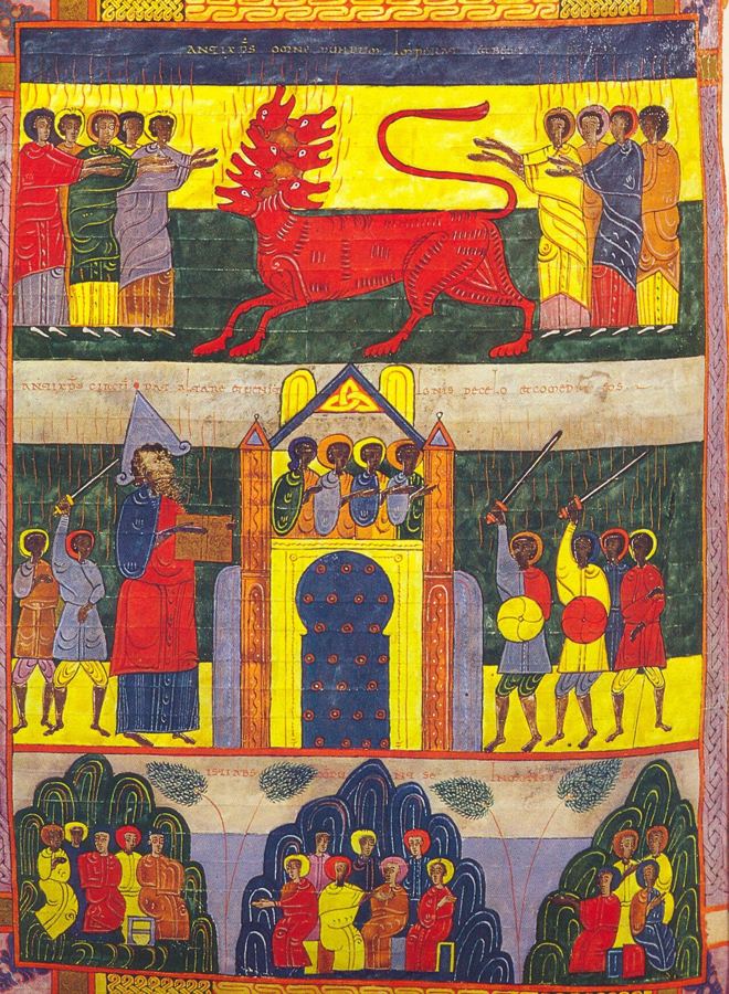Le diable, Gog et Magog assiègent la ville bien-aimée, et le feu descend du ciel (Ap 20:7-10), vision d'artiste du Beatus de Facundus (1047). Scène annoncée, pas arrivée.