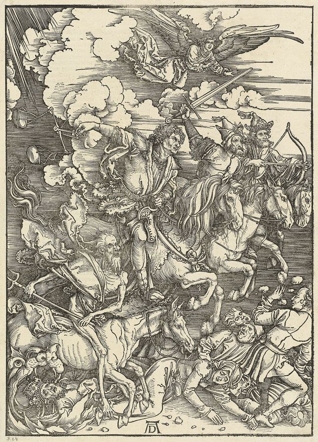 Los cuatro jinetes; al fondo, el jinete con el arco (Ap 6:2). Visión de artista de Alberto Durero (1498); escena anunciada por el texto, no ocurrida.