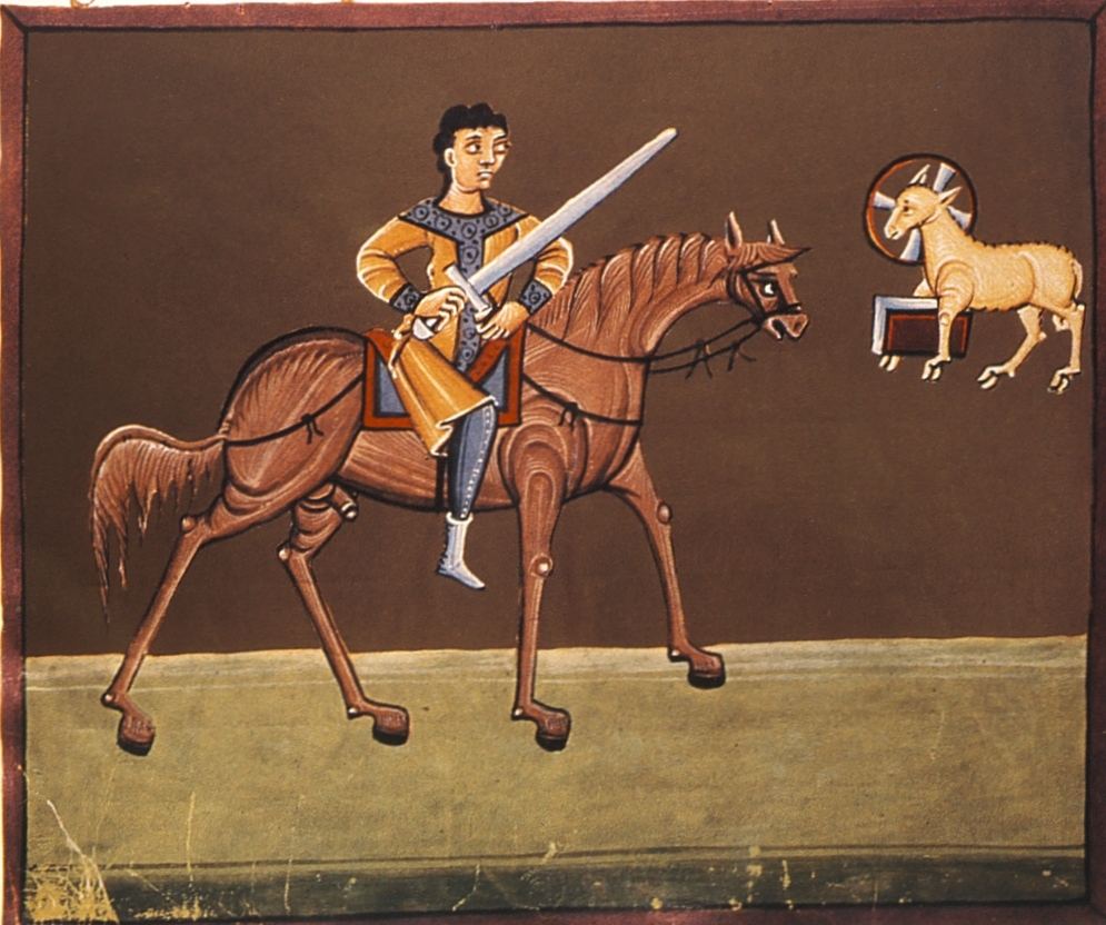 The rider of the red horse receives a great sword (Rev 6:4). Illumination from the Bamberg Apocalypse (c. 1000); a scene announced by the text, not one that has happened.
