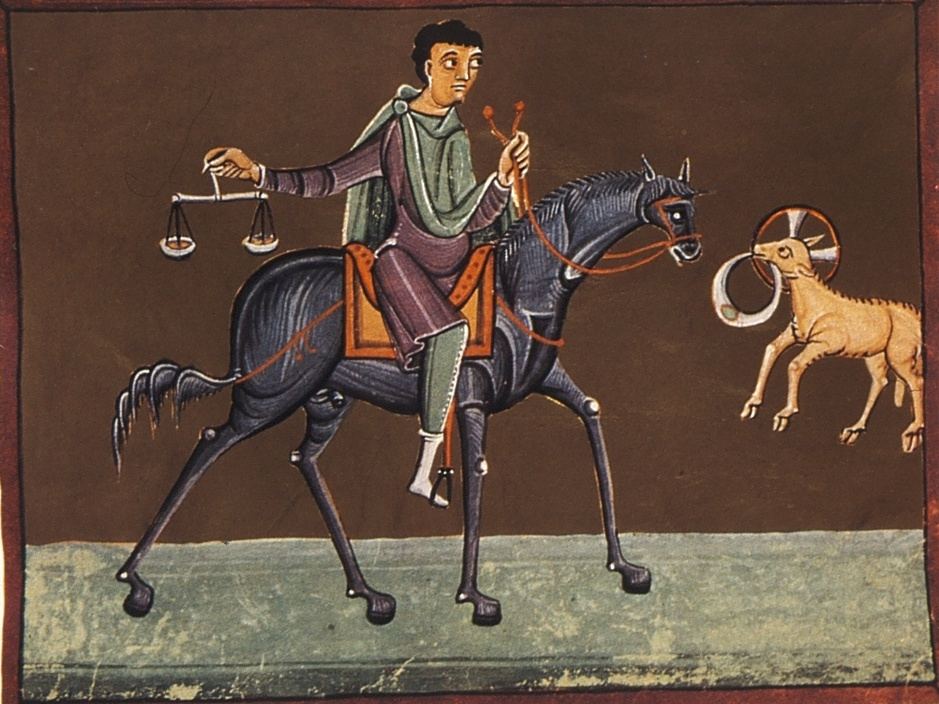 The rider of the black horse holds a pair of scales (Rev 6:5). Illumination from the Bamberg Apocalypse (c. 1000); a scene announced by the text, not one that has happened.
