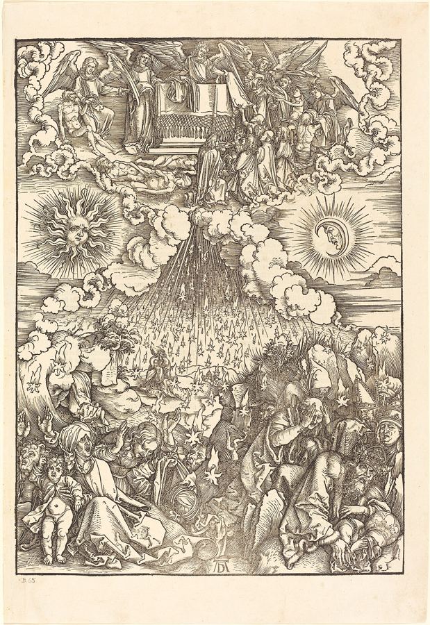 En haut, les martyrs sous l'autel reçoivent des robes blanches (Ap 6:9-11) ; en bas, le 6e sceau. Vision d'artiste d'Albrecht Dürer (1498).