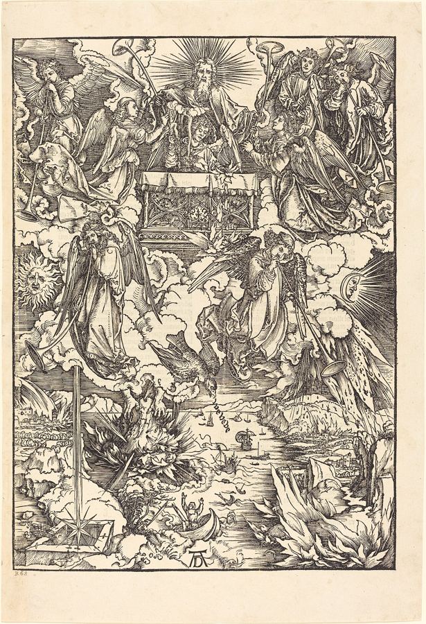 Les sept anges reçoivent les trompettes et l'ange à l'encensoir se tient à l'autel (Ap 8:1-6), vision d'artiste d'Albrecht Dürer (1498). Scène annoncée, pas arrivée.