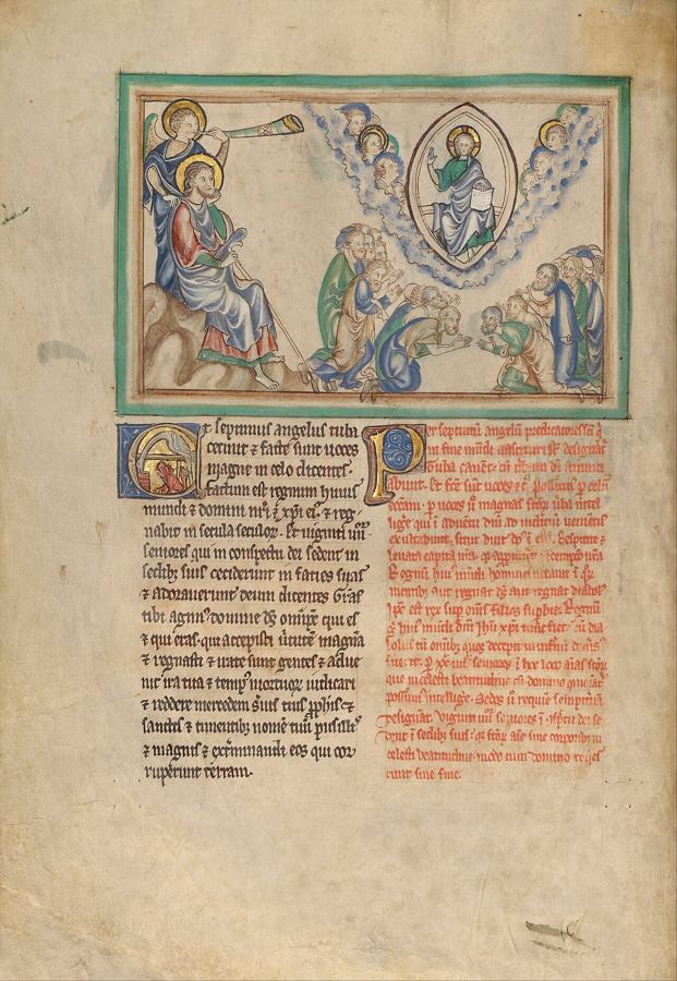 Séptima trompeta: los veinticuatro ancianos se postran ante el trono (Ap 11:15-18), visión de artista de una miniatura inglesa (h. 1255-1260). Escena anunciada, no ocurrida.
