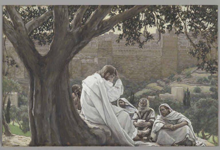 Jesús anuncia a sus discípulos la ruina del Templo (Mt 24:1-3). Visión de artista de James Tissot (1886-1894).