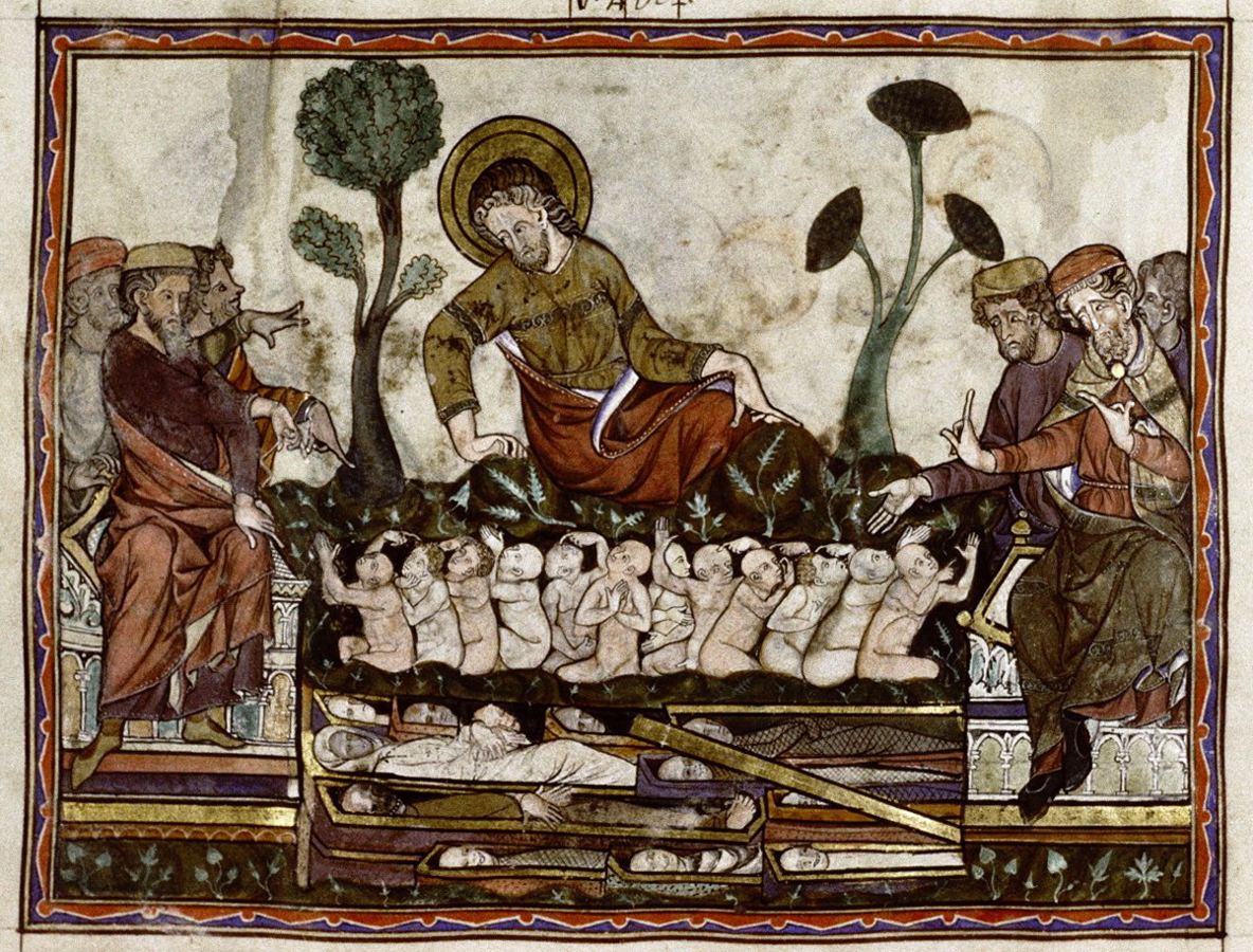 Des trônes, et les âmes des décapités qui reviennent à la vie (Ap 20:4-6), vision d'artiste de l'Apocalypse Douce (v. 1265). Scène annoncée, pas arrivée.