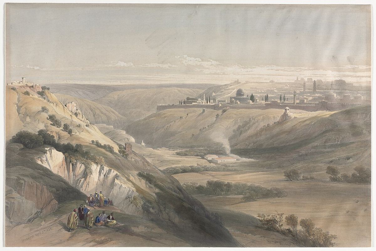 Jérusalem en 1839, sous domination ottomane, vue du mont des Oliviers par David Roberts. Une ville « foulée par les nations » (Lc 21:24) : illustration, pas datation.