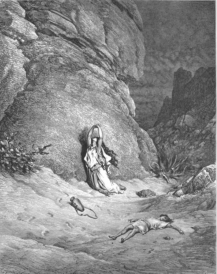 Agar e Ismael en el desierto, visión de artista de Gustave Doré (Biblia de 1866): la escena en la que se repite la promesa «una gran nación» (Gn 21:18).