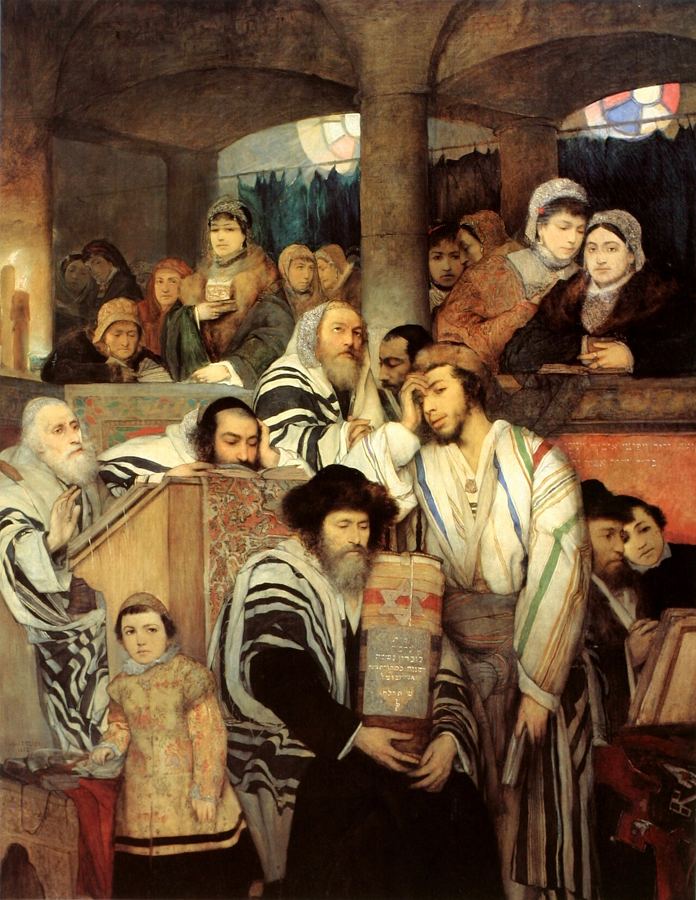 Juifs en prière à la synagogue le jour de Kippour, vision d'artiste de Maurycy Gottlieb (1878) : un peuple dispersé qui garde sa prière et son identité.