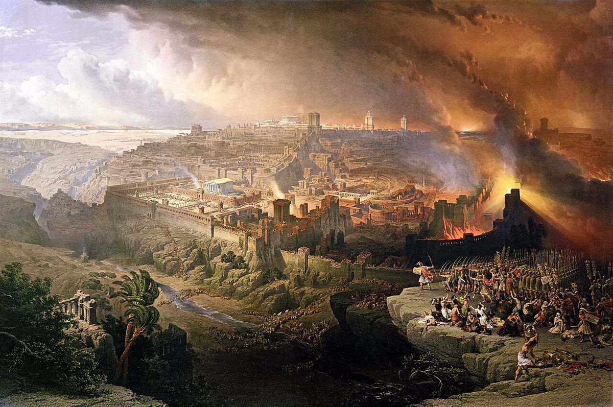 The siege and destruction of Jerusalem by Titus in 70, artist’s impression by David Roberts (1850): distant view of the besieged city.