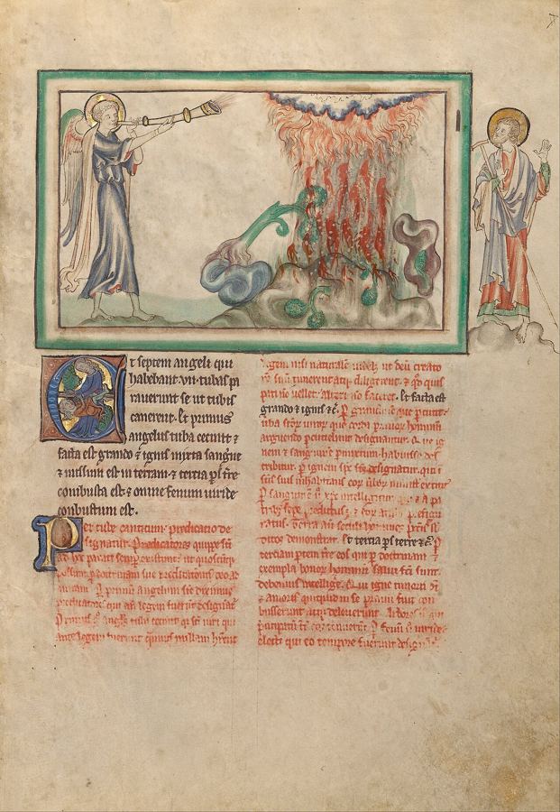 Primera trompeta: granizo y fuego mezclados con sangre caen sobre la tierra (Ap 8:7), visión de artista de una miniatura inglesa (h. 1255-1260). Escena anunciada, no ocurrida.