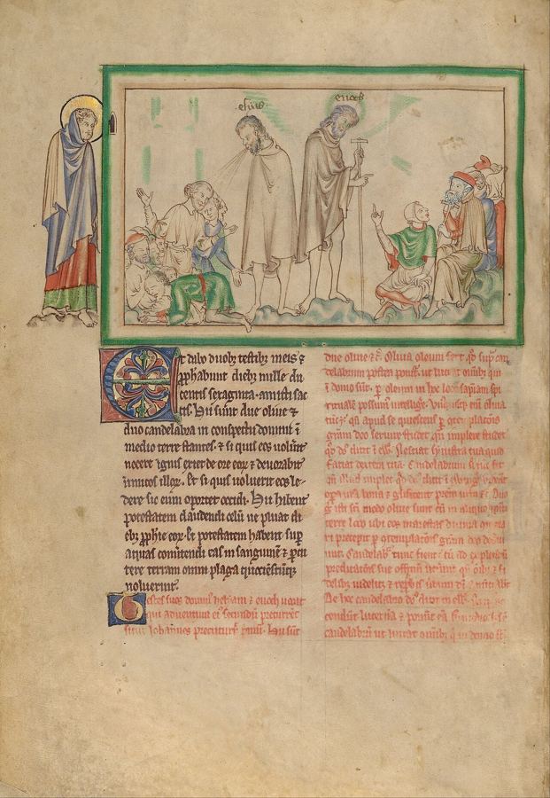 Los dos testigos profetizan ante el pueblo (Ap 11:3), visión de artista de una miniatura inglesa (h. 1255-1260). Escena anunciada por el texto, no ocurrida.