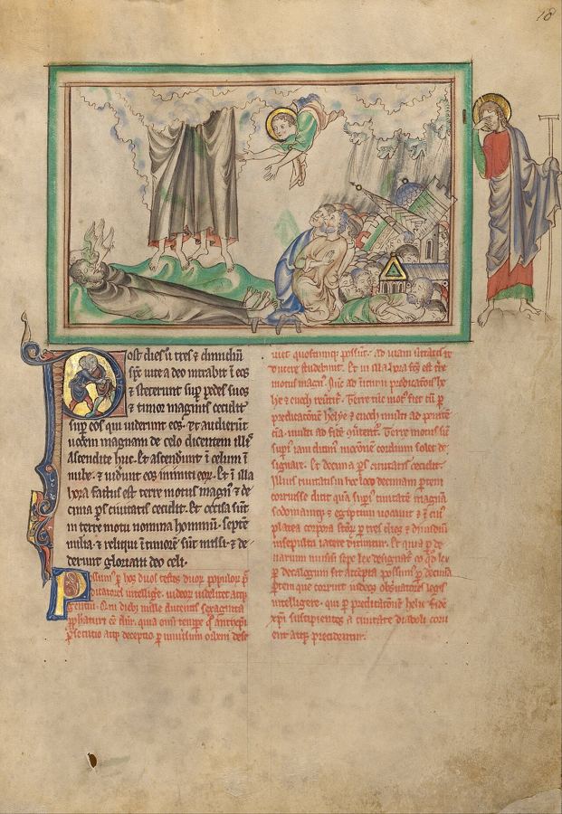 Los dos testigos suben al cielo en una nube, y luego el terremoto derriba una parte de la ciudad (Ap 11:12-13), visión de artista de una miniatura inglesa (h. 1255-1260). Escena por venir.