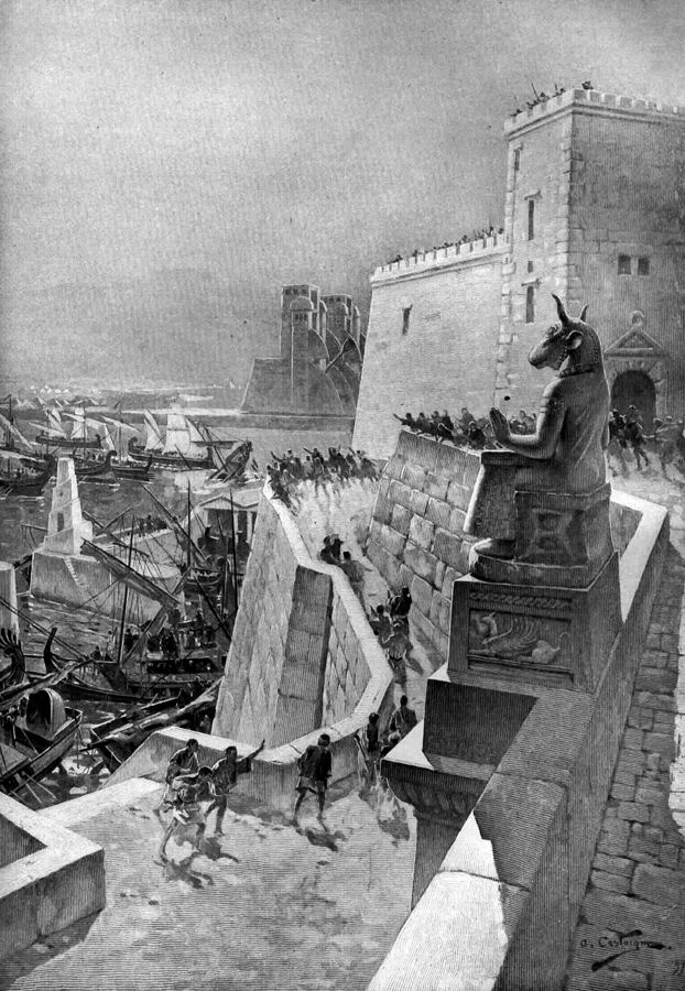 Combate naval durante el sitio de Tiro por Alejandro (332 a. C.): visión de artista de André Castaigne (1898-1899).