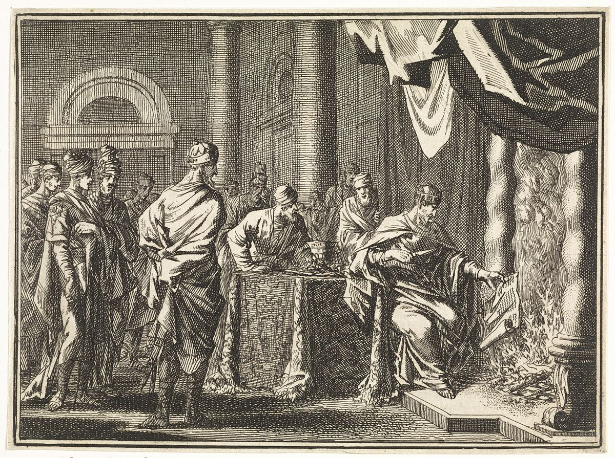 El rey Joacim quema el rollo de las profecías de Jeremías (Jer 36), visión de artista, aguafuerte de Jan Luyken (1712).