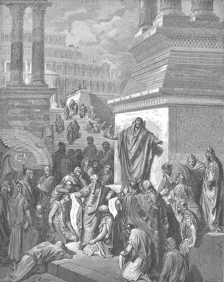 Jonah calls Nineveh to repentance, artist’s impression by Gustave Doré (Tours Bible, 1866).