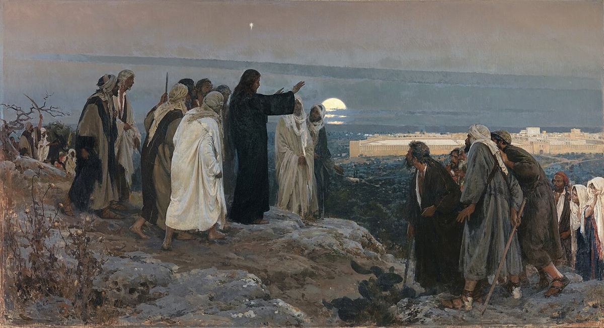Jésus et ses disciples face à Jérusalem et au Temple, depuis le mont des Oliviers (Lc 19:41) : vision d'artiste d'Enrique Simonet, « Flevit super illam » (1892, Prado).