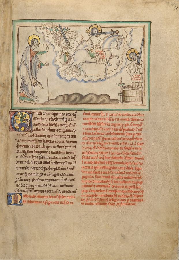The Rider “Faithful and True” on a white horse, followed by the armies of heaven (Rev 19:11-16), artist’s impression from an English illumination (c. 1255-1260). A coming that is announced, not yet happened.