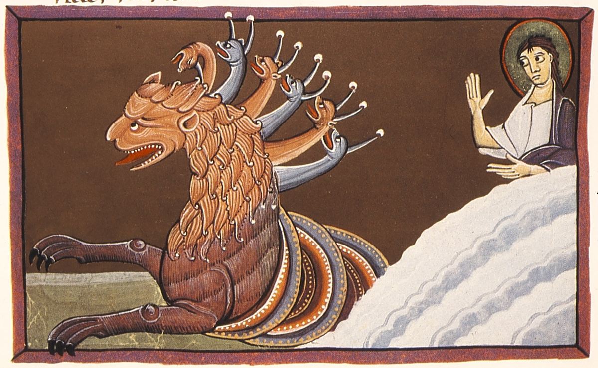 La bête de la mer aux sept têtes, qui fait la guerre aux saints (Ap 13:1-7). Enluminure de l'Apocalypse de Bamberg (v. 1000) ; scène non arrivée.