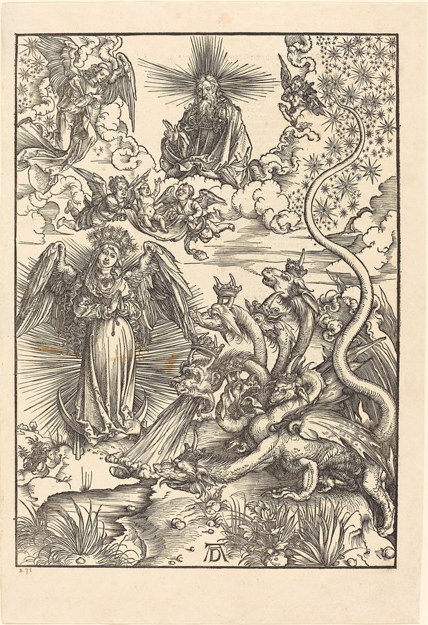 The woman clothed with the sun facing the dragon; the child is caught up to heaven (Rev 12:1-5). Artist’s impression, woodcut by Albrecht Dürer (1498).
