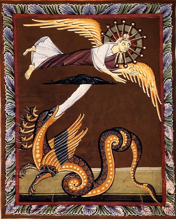 The dragon pursues the woman, who flees into the wilderness (Rev 12:13-14). Illumination from the Bamberg Apocalypse (c. 1000), artist’s impression of a scene to come.
