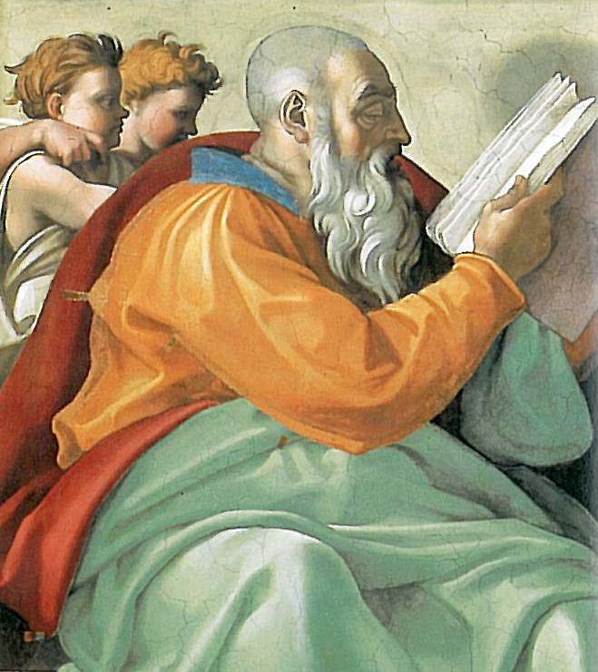 Le prophète Zacharie, fresque de Michelangelo, 1508-1512, voûte de la chapelle Sixtine (Vatican). Il feuillette un livre ; il illustre l'auteur de Za 12, non la scène de la « pierre pesante » ; vision d'artiste.
